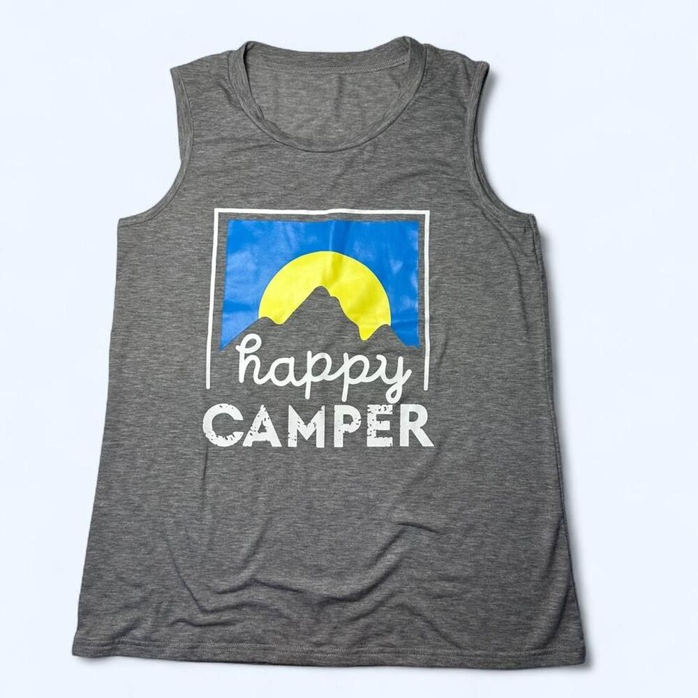Vintage Inspired "Happy Camper" Graphic Muscle Tank Size S